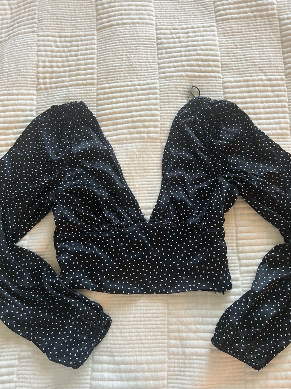 Zara Black and White Polka Dot Long Sleeve V-Neck Crop Top